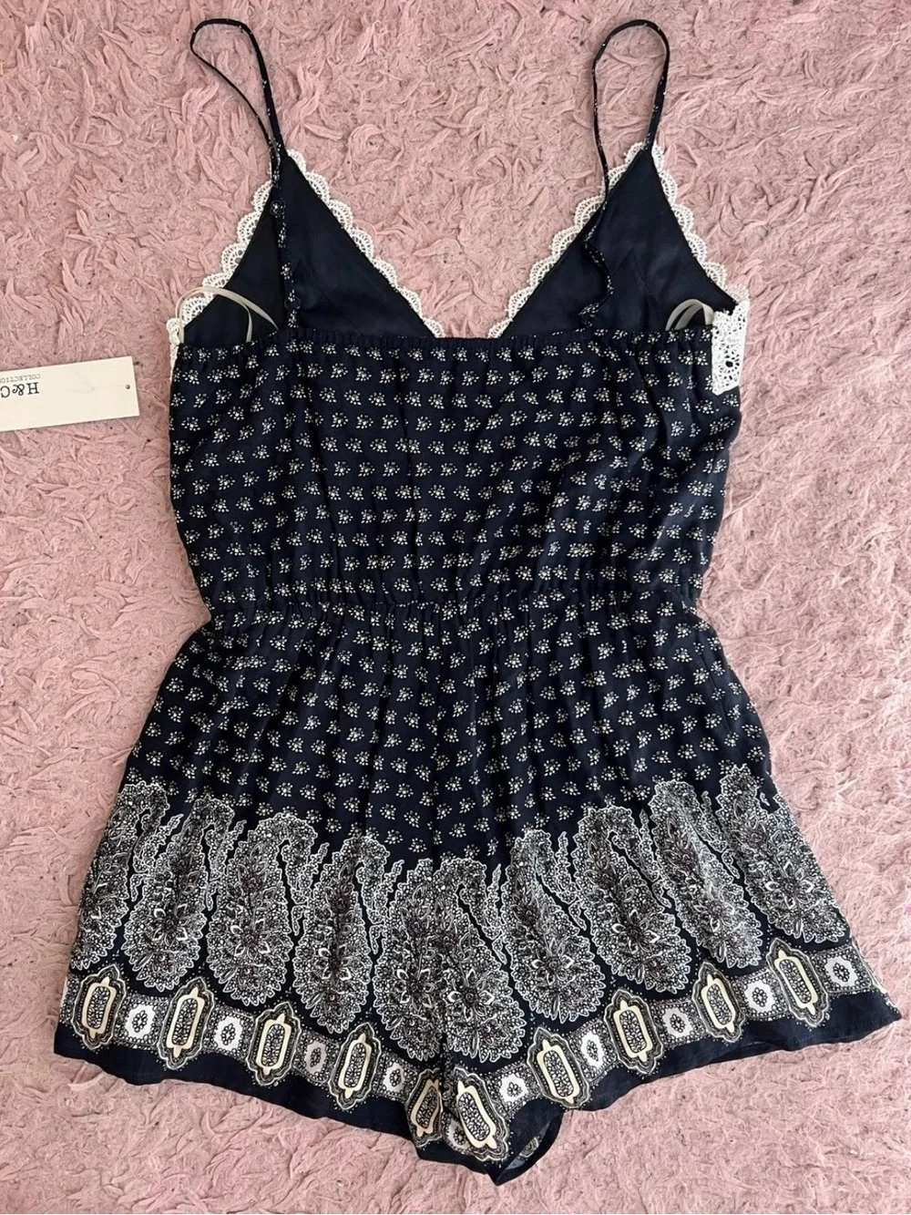 Navy Paisley Lace-Trim Chemise Romper with White Crochet Detail
